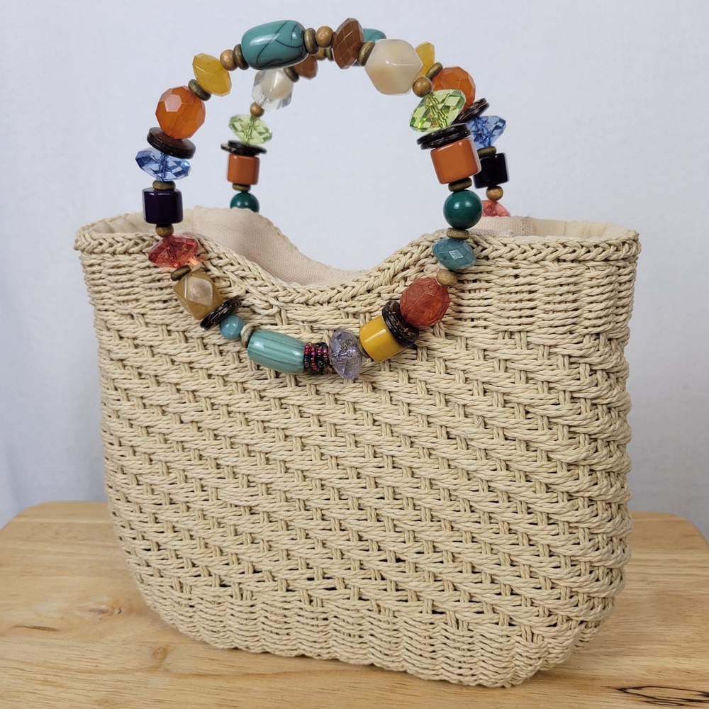 Cappelli Straworld Woven Straw Handbag Chunky Multicolor Beaded Ring Handle Tote